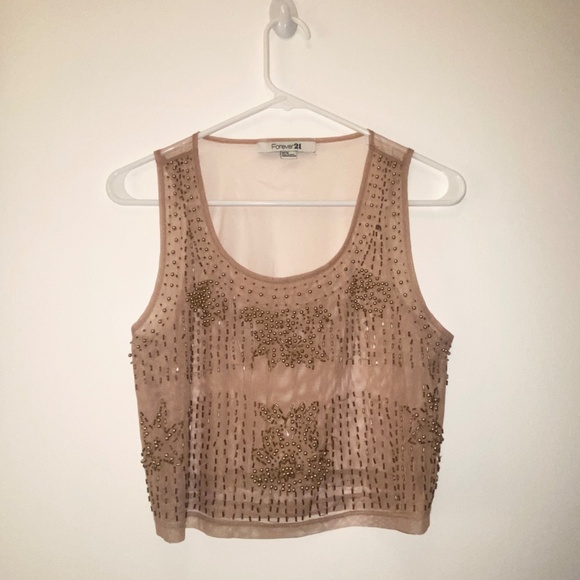 Forever 21 - M Crop Sheer Beaded Tank, in Tan* - Picture 1 of 4